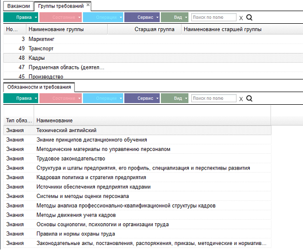 Иллюстрация к разделу «Группы требований». Контекст: Персонал → Вакансии → Справочники.