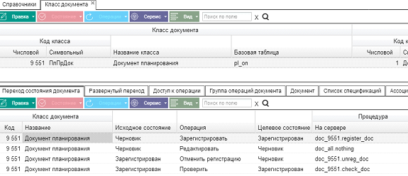 Иллюстрация к разделу «Переход состояния». Контекст: Настройка системы → Документооборот → Справочники → Класс документа.
