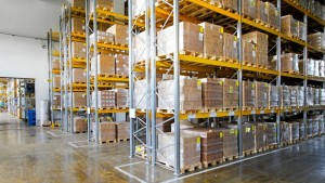 Boxes in modern logistic distribution storehouse interior